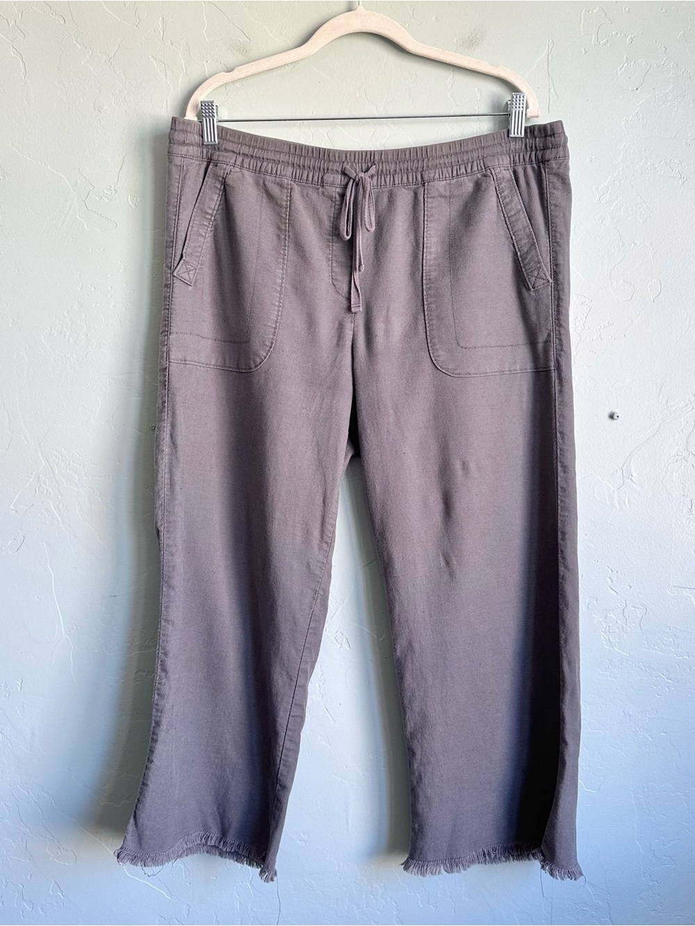 LOFT Gray Linen Cotton Cropped Drawstring Wide Leg Pants Women's Large